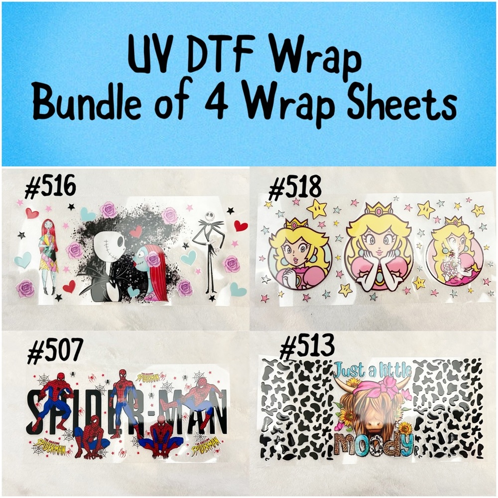 UV DTF Wrap Sticker Bundle of 4 Sheets Princess Peach Spiderman Jack & Sally